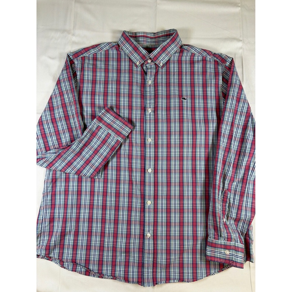 Vineyard Vines Whale Shirt Mens 2XL Red Blue Plaid Button Down 1W010645 Cotton